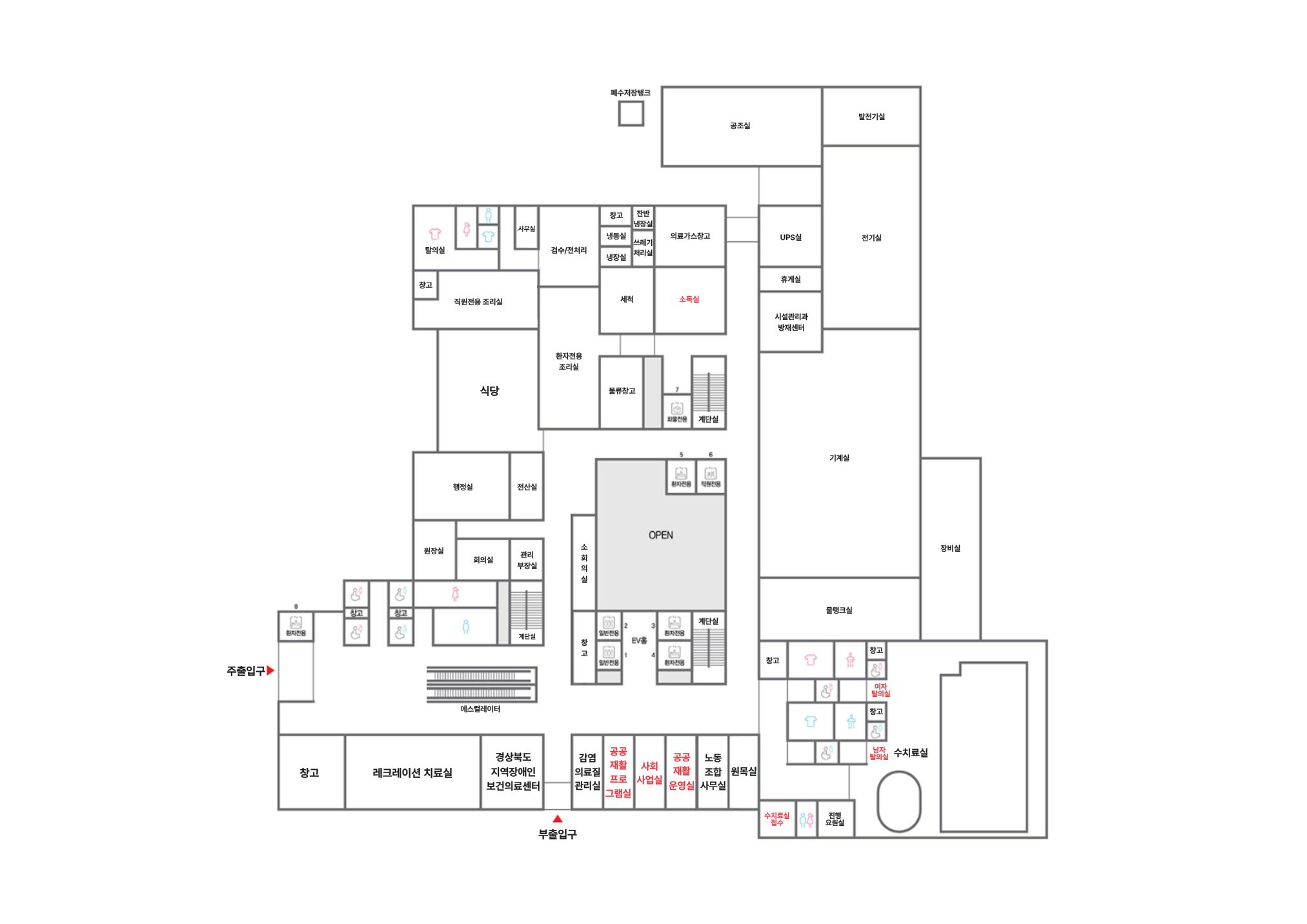 1층은 원장실, 행정실, 전산실, 회의실, 문서고, 행정통합사무실, 린넨실, 레크리에이션치료실, 자원봉사자실, 의공R&D지원실, 수치료실, 의지보조기실, 물류창고, 소독실, 시설관리과방재센터, 기계실, 전기실, 발전기실, 공조실, ESS실, 식당, 조리실, 편의시설, 공공재활운영단(공공재활운영실, 공공재활프로그램실, 사회사업실, CBR실)이 있습니다. 주출입구를 중심으로 정면에는 에스컬레이터, 의지보조기실,편의시설, EV홀, 일반전용 엘리베이터, 환자전용 엘리베이터, 계단실, 직원전용 엘리베이터, 환자전용 엘리베이터가 있습니다. 주출입구를 중심으로 우측에는 린넨실, 레크리에이션치료실, 행정통합 사무실, 부출입구, 자원봉사자실, 공공재활운영단 공간(사회사업실, CBR실, 공공재활 운영실, 공공재활 프로그램실), 의공R&D 지원실, 수치료실 (수치료실 입구를 중심으로 했을 때 시계 방향으로 수치료실 접수, 일반화장실, 진행 요원실, 수치료실, 남자탈의실, 장애인 남자 화장실, 창고, 여자탈의실, 장애인 여자 화장실, 창고가 있습니다), 물탱크실, 장비실, 기계실, 시설관리과 방재센터, (직원)휴게실, ESS실, 전기실, 발전기실, 공조실, 폐수저장탱크실이 있습니다. 주출입구를 중심으로 반시계방향으로 환자전용 엘리베이터, 창고 및 장애인 화장실, 일반화장실, 계단실, 문서고, 회의실, 원장실, 행정실, 전산실, 식당, 직원전용조리실(경관식, 창고, 직원 휴게실 및 탈의실, 사무실, 검수/전처리, 창고, 냉동실, 잔반 냉장실, 쓰레기실, 의료가스창고, 세척실, 소독실, 환자전용 조리실, 물류창고, 직원전용 엘리베이터, 계단실)이 있습니다.