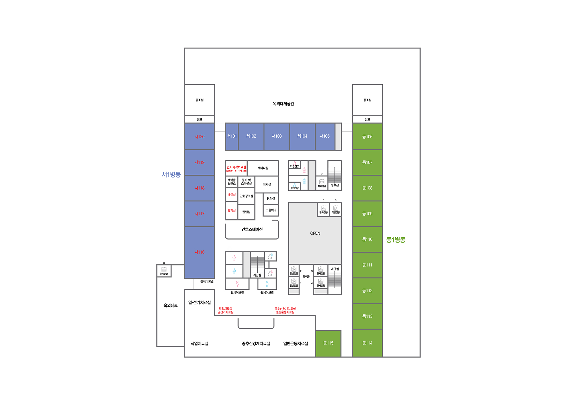 3층 서쪽 벽쪽에는 서1병동, 동쪽 벽쪽에는 동1병동, 서1병동과 동1병동 사이에 병동치료실이 있습니다. EV홀을 중심으로 시계방향으로 일반전용 엘리베이터, 환자전용 엘리베이터, 계단실, 직원전용 엘리베이터, 휠체어 보관소, 화장실, 샤워실, 계단실, 식기반납 엘리베이터, 직원전용 화장실, 간호스테이션, 휴게실, 배선실, 세탁물 보관소, 인지지각치료실(병동환자 인지지각 치료), 린넨실, 간호갱의실, 준비 및 소독물실, 오물처리, 당직실, 처치실, 세미나실, 서116~120 병동(서116동 앞 휠체어보관소), 창고, 공조실, 서101~서105 병동, 옥외휴게공간, 공조실, 창고, 동106~115 병동, 일반운동치료실, 중추신경계치료실, 작업치료실, 열·전기치료실, 옥외데크(내부에 환자전용 엘리베이터)가 있습니다.