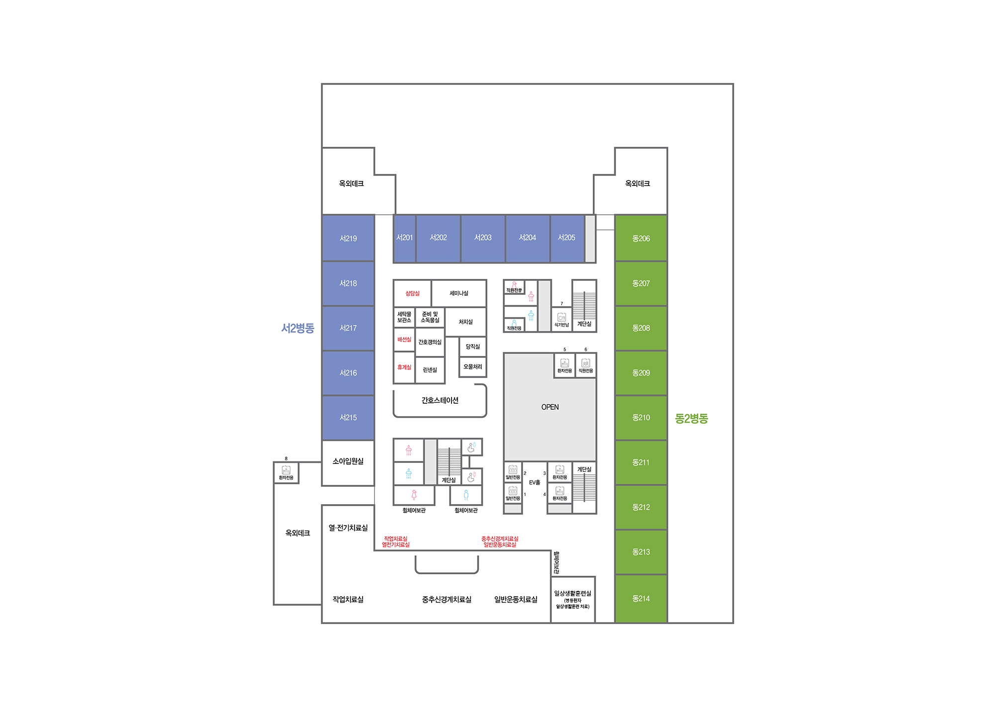 4층 서쪽 벽쪽에는 서2병동, 동쪽 벽쪽에는 동2병동, 서2병동과 동2병동 사이에 병동치료실이 있습니다. EV홀을 중심으로 시계방향으로 일반전용 엘리베이터, 환자전용 엘리베이터, 계단실, 직원전용 엘리베이터, 휠체어 보관소, 화장실, 샤워실, 계단실, 식기반납 엘리베이터, 직원전용 화장실, 간호스테이션, 휴게실, 배선실, 세탁물 보관소, 인지지각치료실(병동환자 인지지각 치료), 린넨실, 간호갱의실, 준비 및 소독물실, 오물처리, 당직실, 처치실, 세미나실, 소아입원실, 서215~219병동, 옥외데크, 서201~서205병동, 옥외데크, 동206~동214병동, 휠체어보관소, 일상생활훈련실(병동환자 일상생활훈련 치료), 일반운동치료실, 중추신경계치료실, 작업치료실, 열·전기치료실, 옥외데크(내부에 환자전용 엘리베이터)가 있습니다.